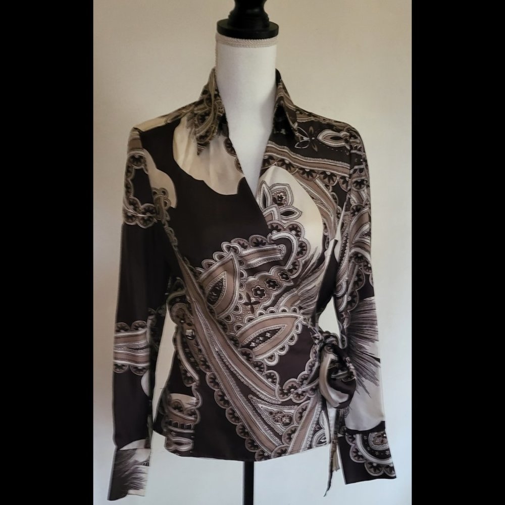 Ann Taylor Silk Blouse  With Long Sleeves , Paisley Brown, Cream , White, size 8